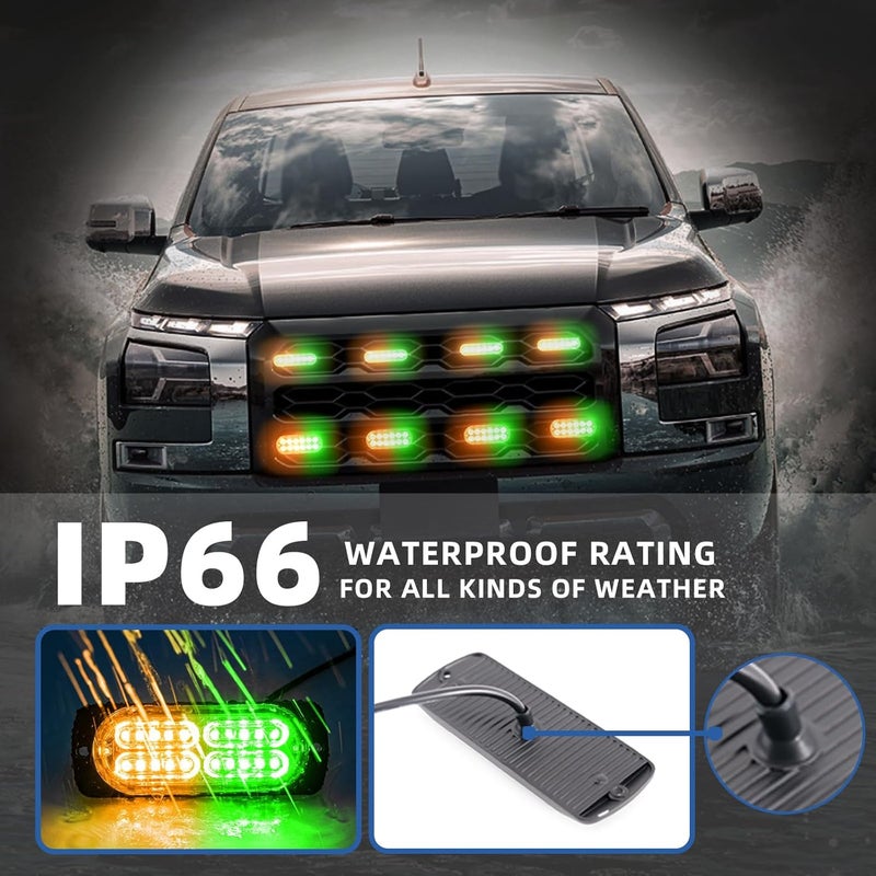PKINGLAKE 8pcs Sync Feature Emergency Strobe Grille Lights LED Ultra Slim Surface Mount Flashing Hazard Warning Light Bar with Controller for Firefighter/Construction/Trucks/Vehicles/Car (Amber/Green) - Image 2